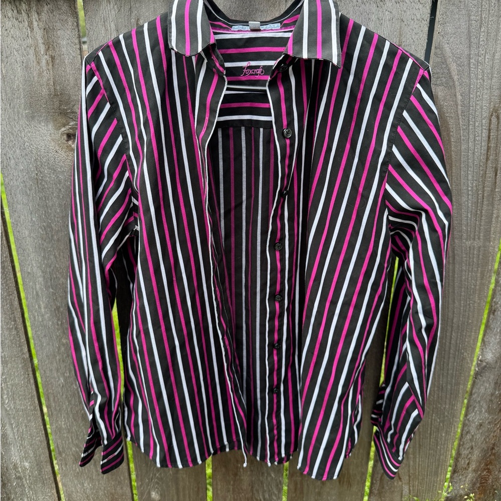 Foxcroft Black and Pink Striped Button Down Shirt